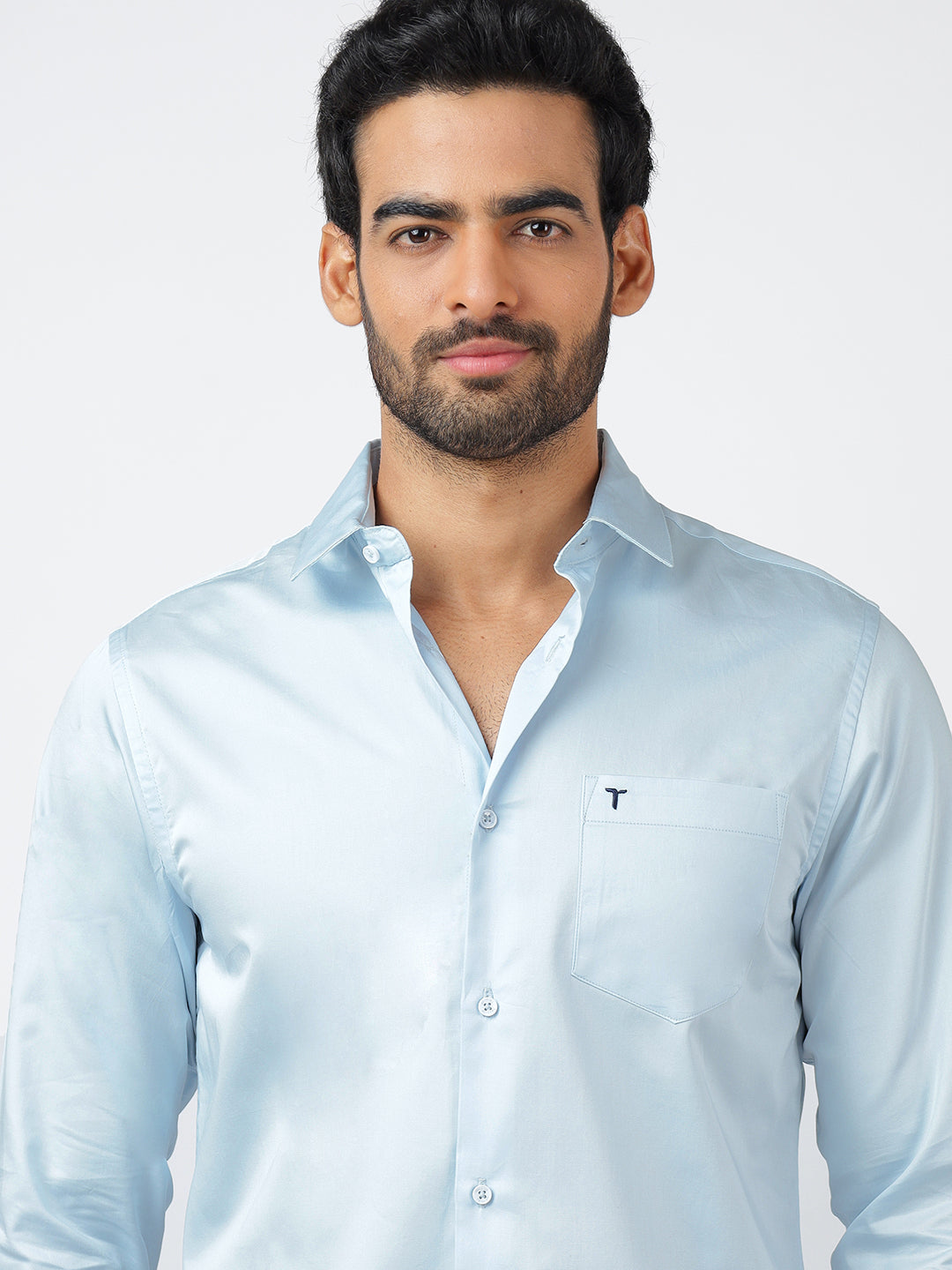 Solid Long Sleeves Pale Blue Satin (100% Cotton)