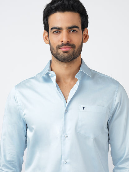 Solid Long Sleeves Pale Blue Satin (100% Cotton)