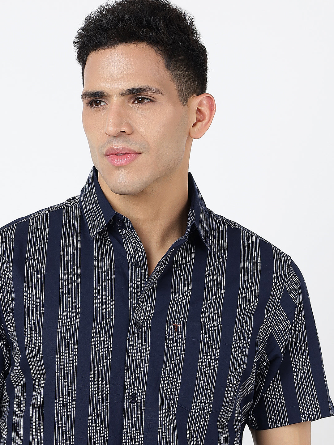 Printed Short Sleeves Dark Blue Striped Prints (100% Cotton)
