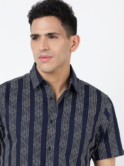 Printed Short Sleeves Dark Blue Striped Prints (100% Cotton)