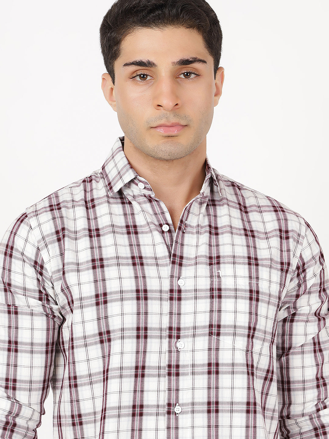 Check Long Sleeves Wine & White Medium Check (100% Cotton)