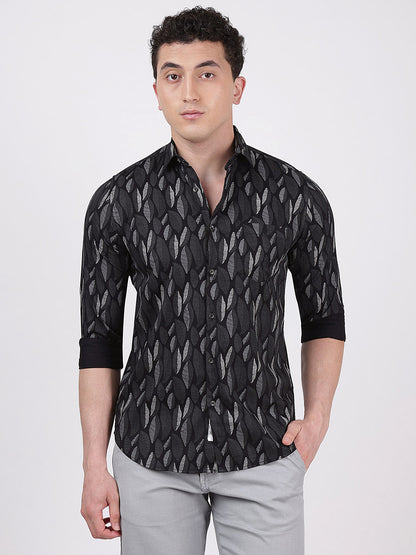 Print Long Sleeves Leafy Black Green Print