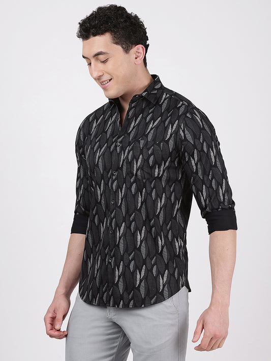 Print Long Sleeves Leafy Black Green Print