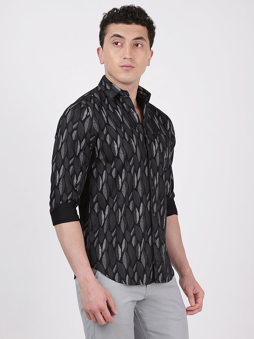 Print Long Sleeves Leafy Black Green Print