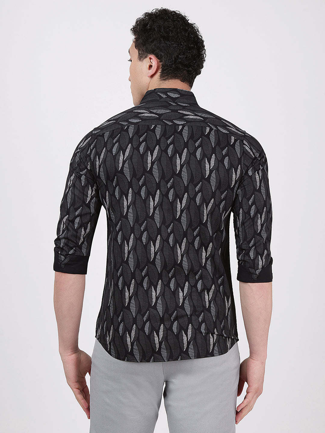 Print Long Sleeves Leafy Black Green Print