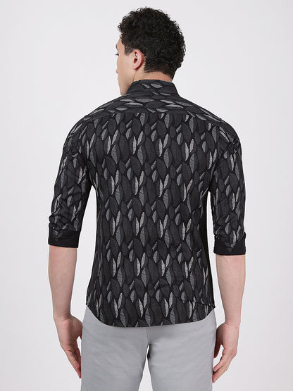 Print Long Sleeves Leafy Black Green Print