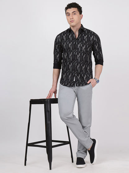 Print Long Sleeves Leafy Black Green Print