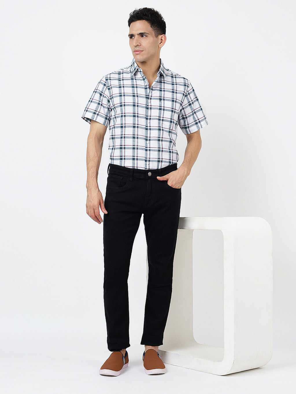 Check Short Sleeves White & Dark Blue (100% Cotton)