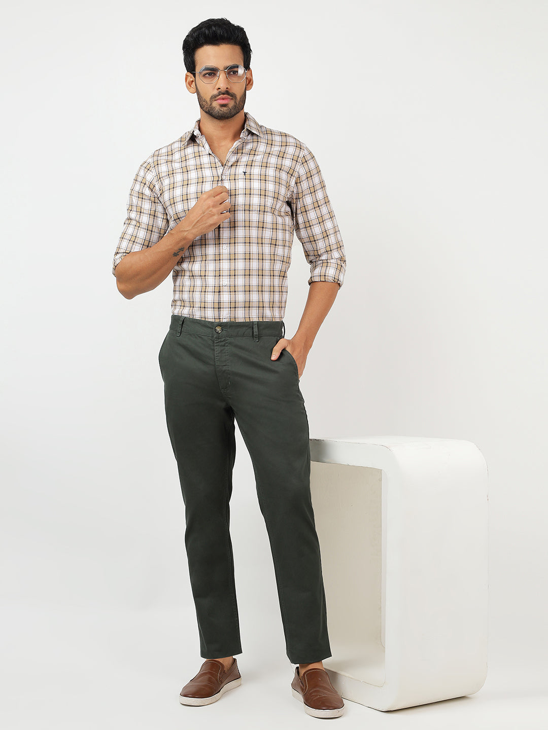 Check Long Sleeves White & Beige (100% Cotton)