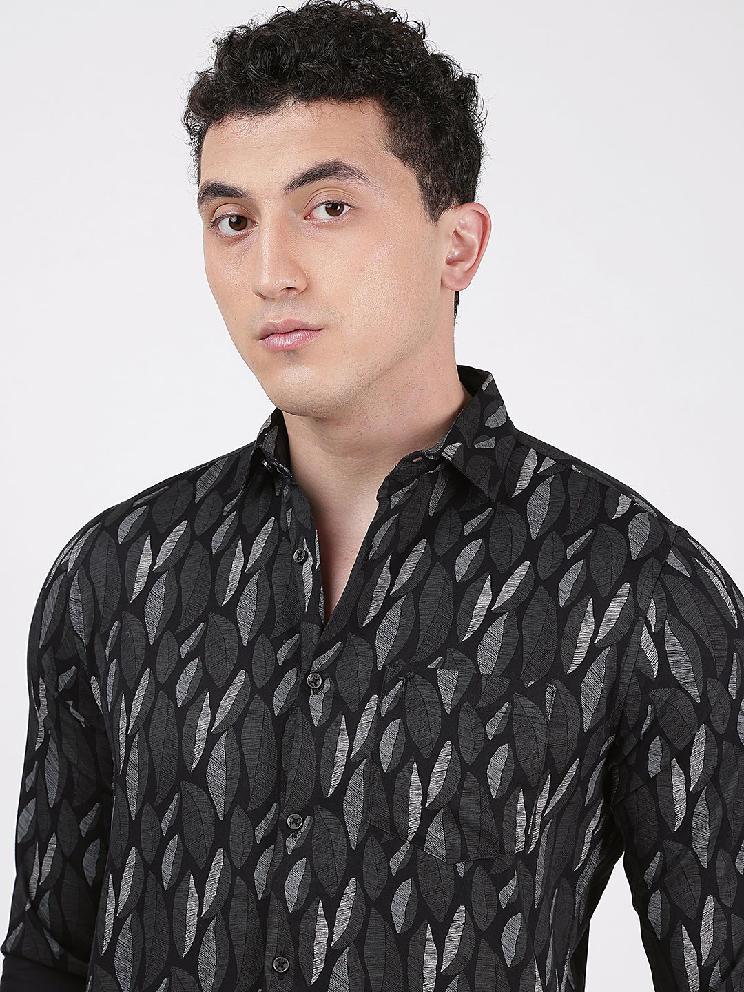 Print Long Sleeves Leafy Black Green Print