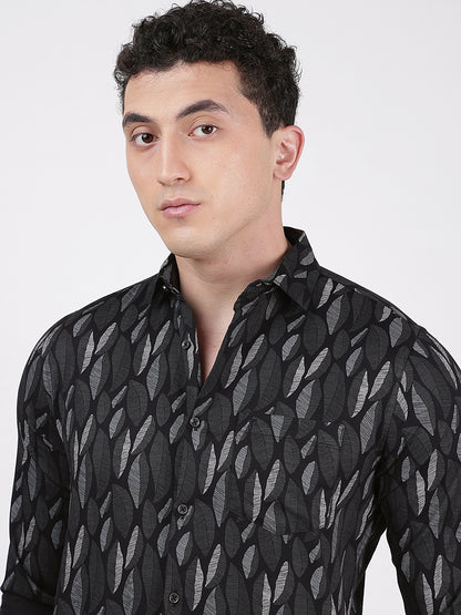 Print Long Sleeves Leafy Black Green Print