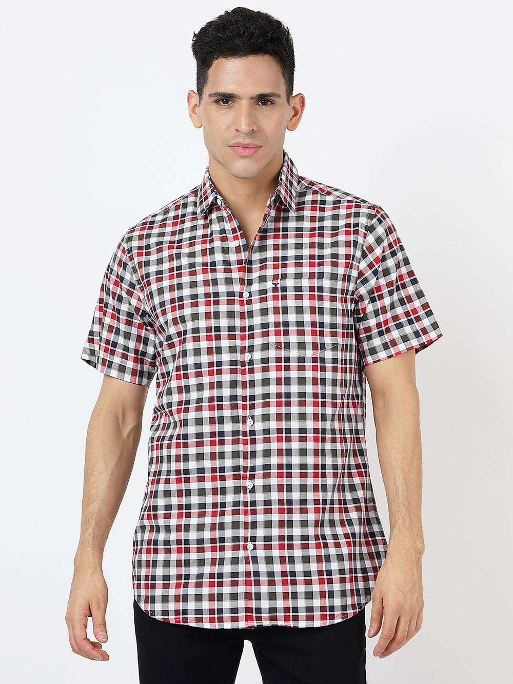 Check Short Sleeves Red White And Black  (100% Cotton)