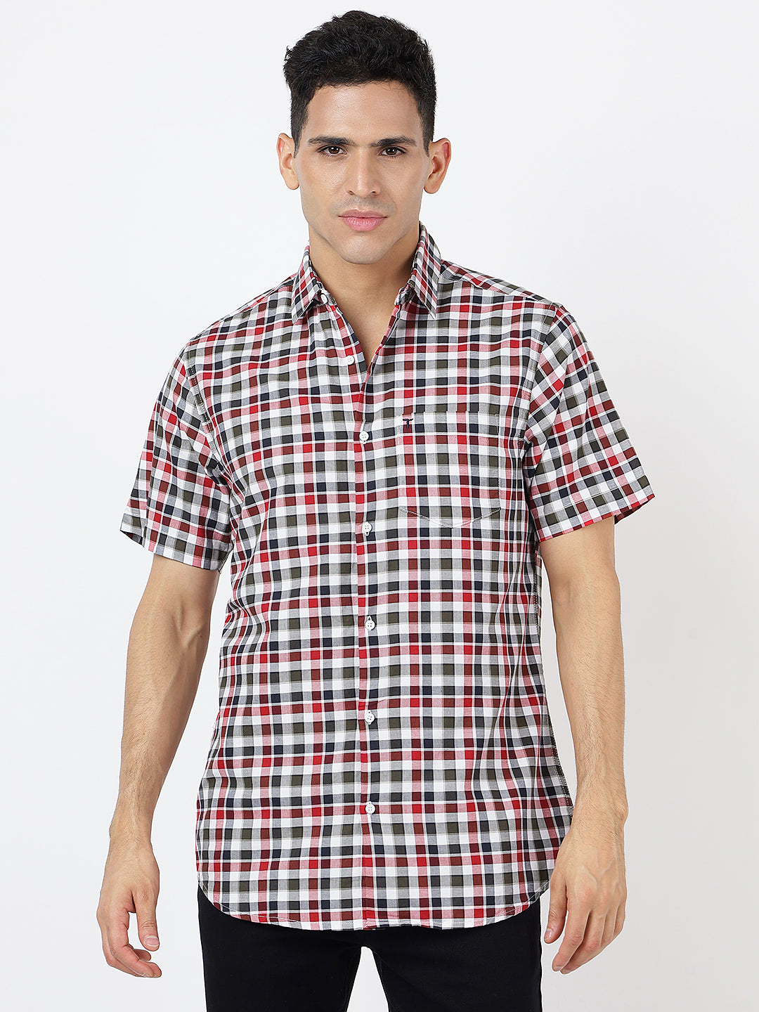 Check Short Sleeves Red White And Black  (100% Cotton)