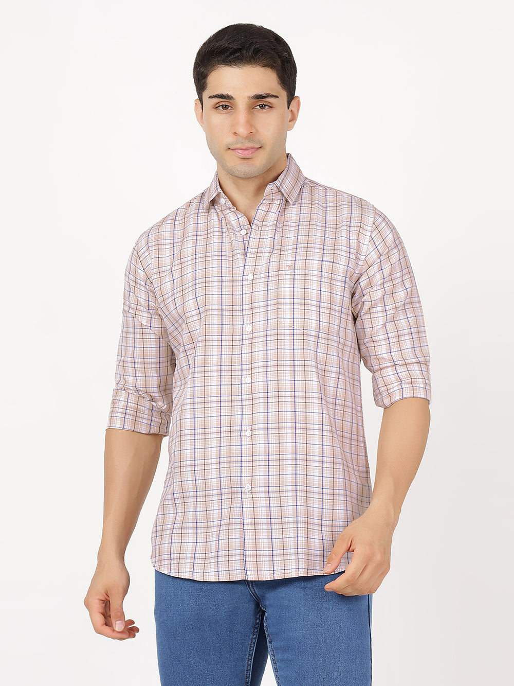 Check Long Sleeves Brown, Blue & White Check (100% Cotton)