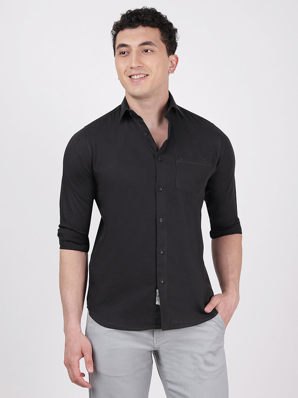Solid Full Sleeves Black Slub Twill