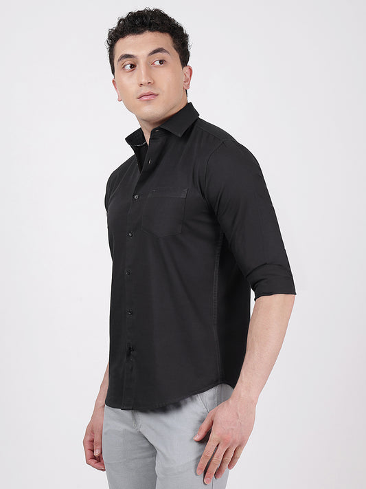 Solid Full Sleeves Black Slub Twill