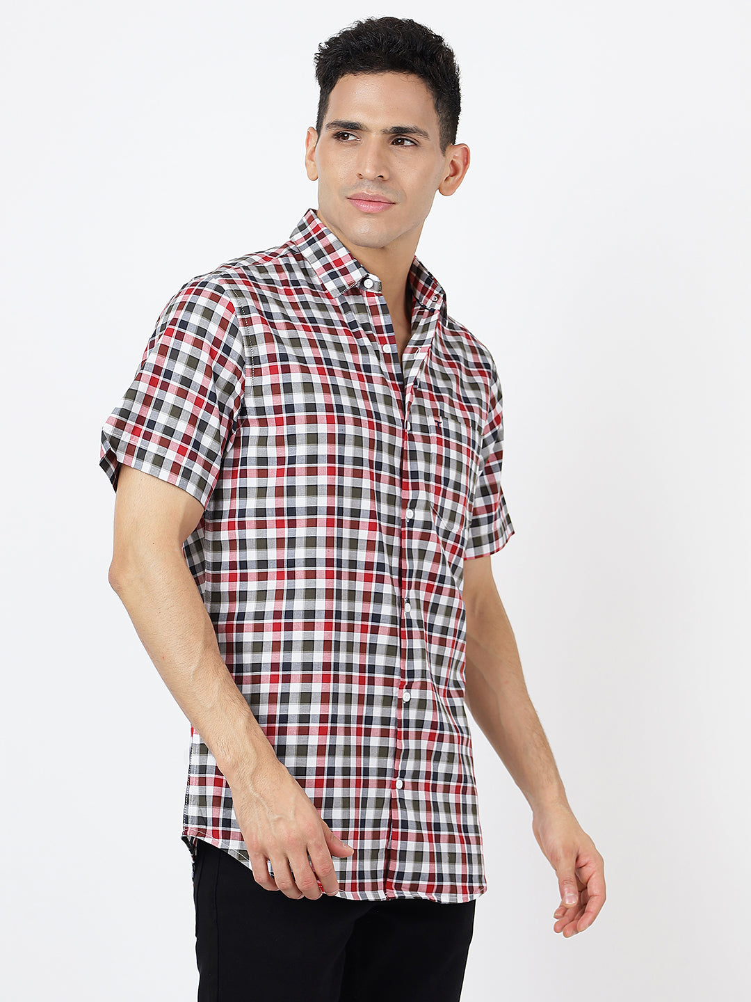 Check Short Sleeves Red White And Black  (100% Cotton)