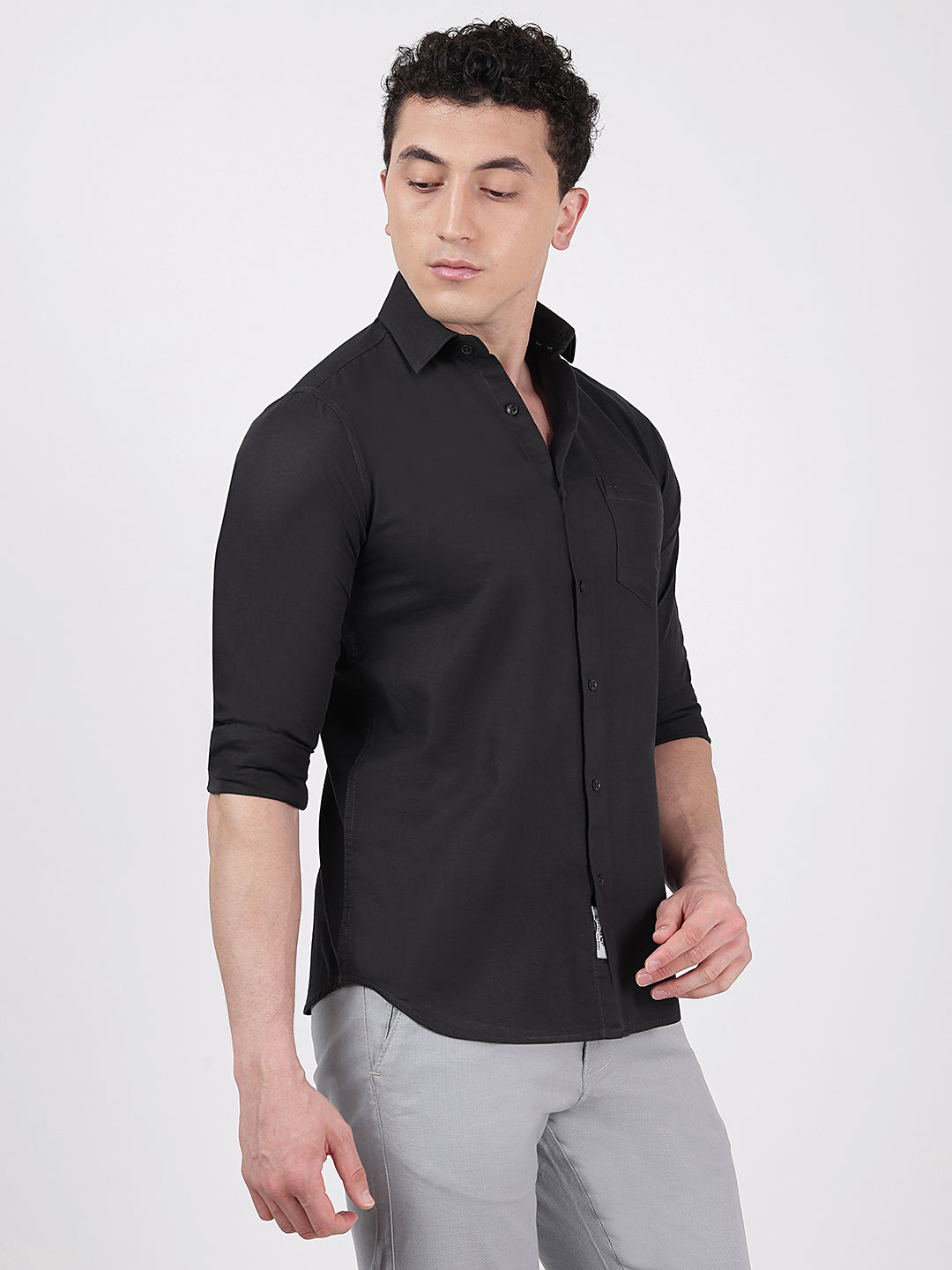 Solid Full Sleeves Black Slub Twill