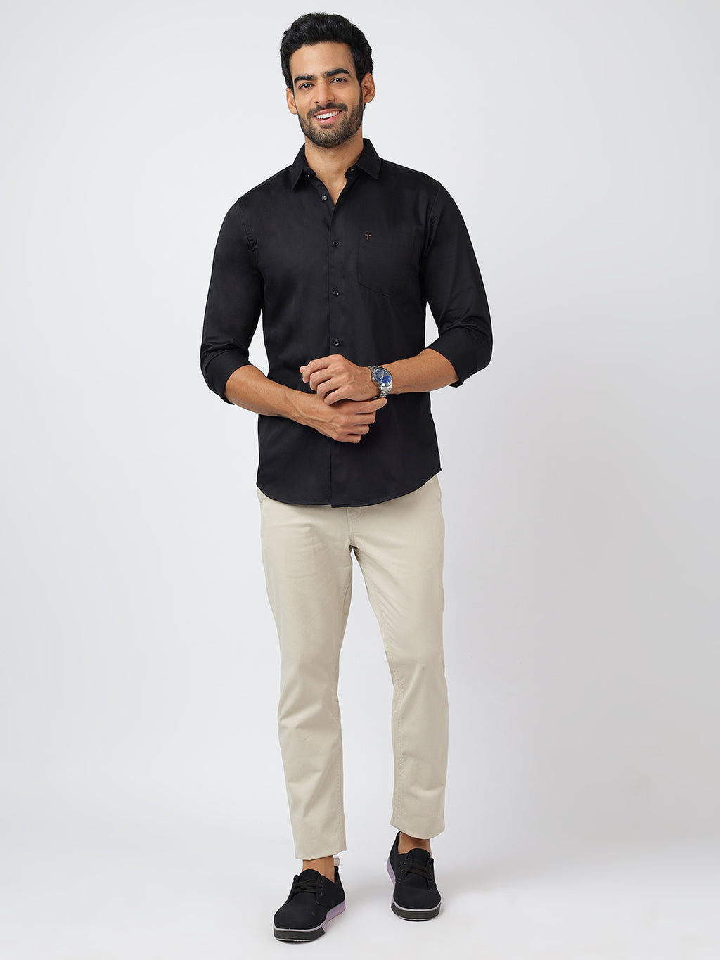 Solid Long Sleeves Black Satin (100% Cotton)