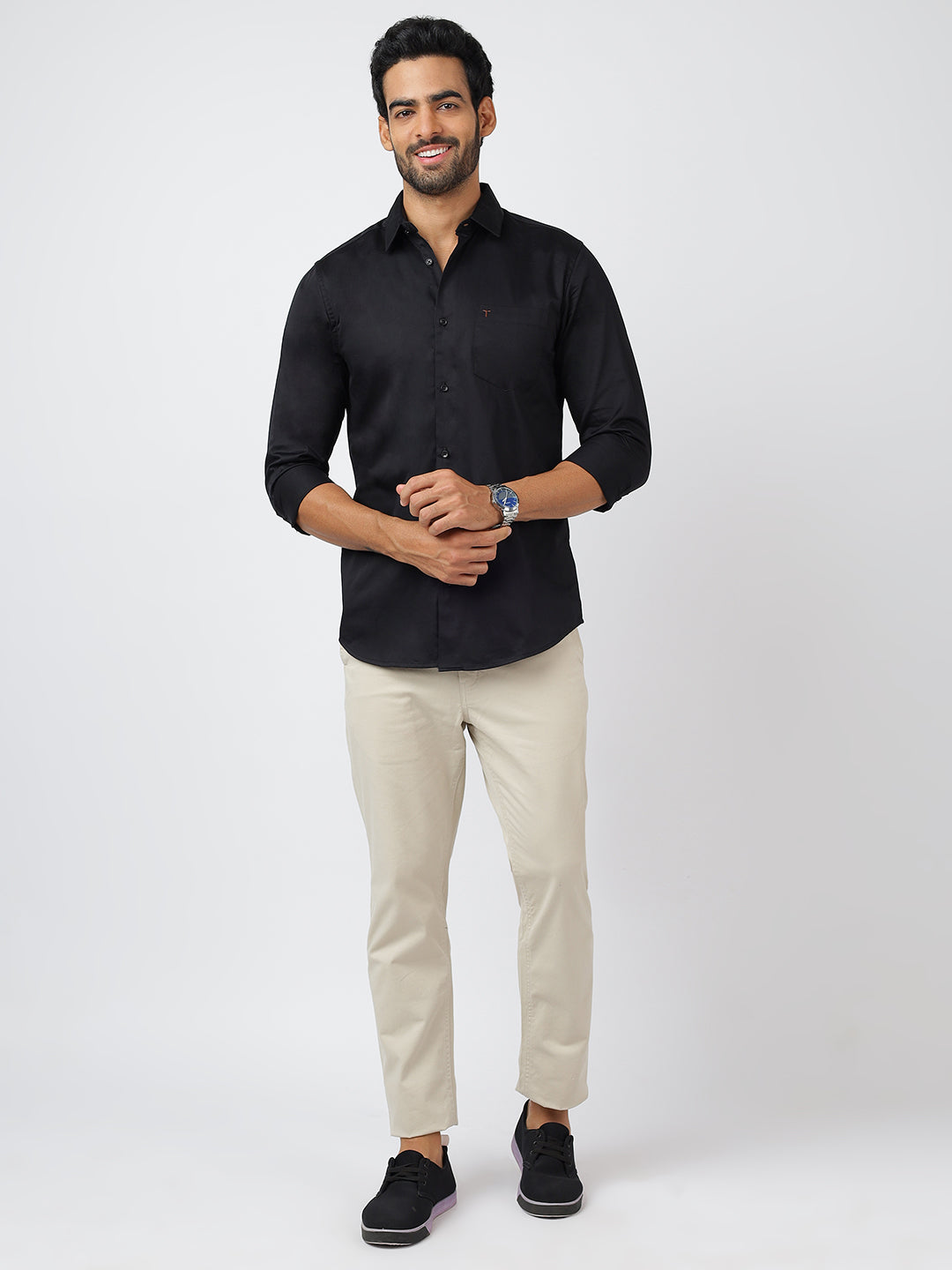 Solid Long Sleeves Black Satin (100% Cotton)