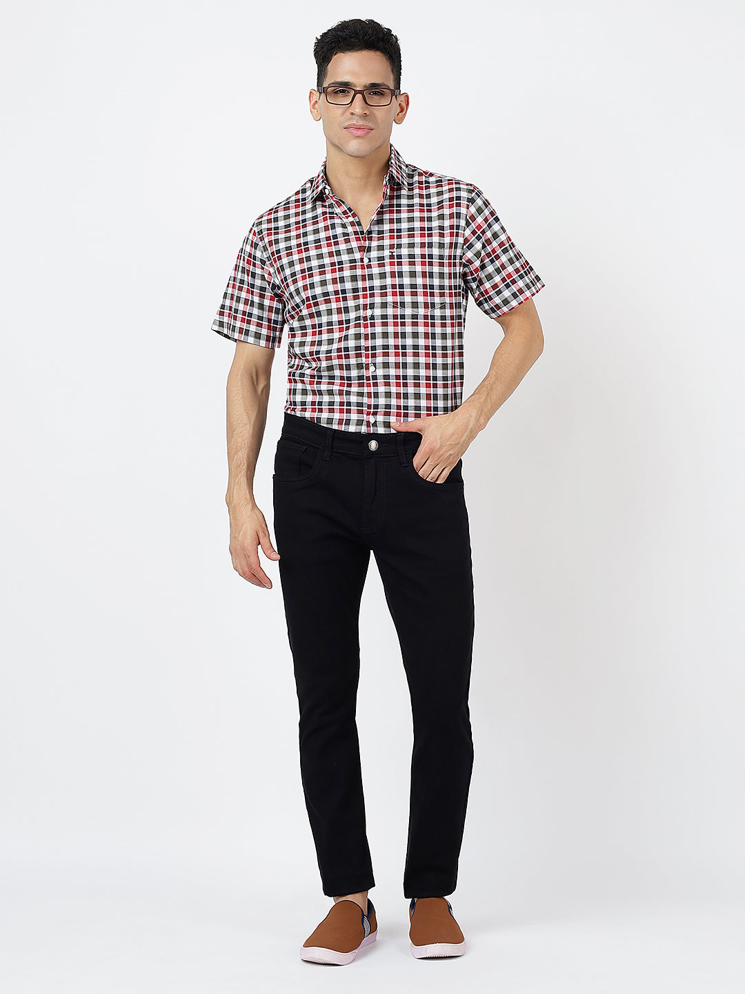 Check Short Sleeves Red White And Black  (100% Cotton)