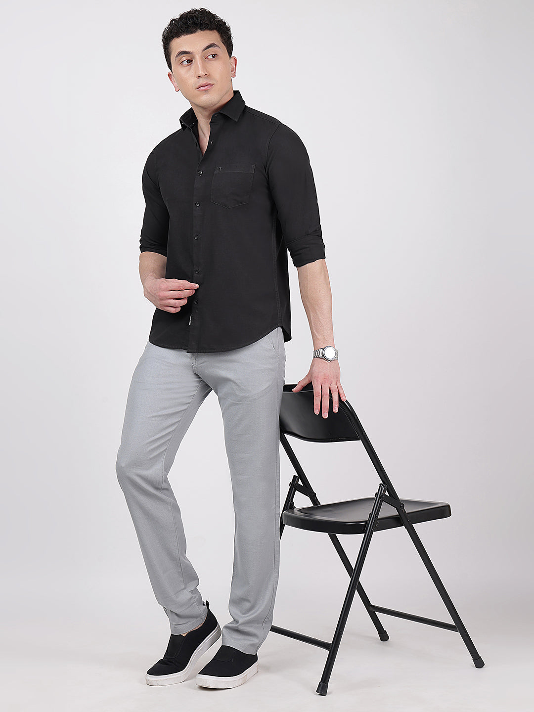 Solid Full Sleeves Black Slub Twill