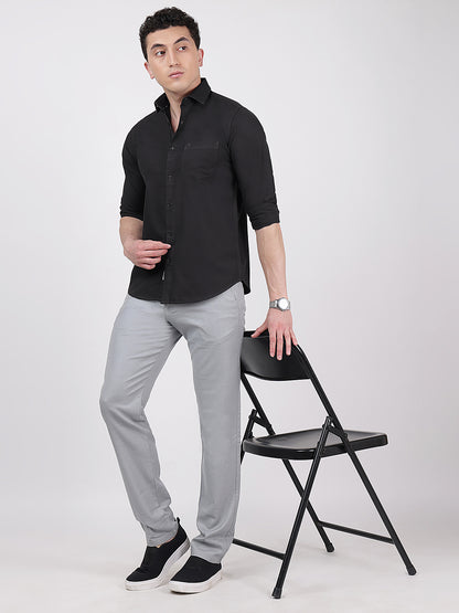 Solid Full Sleeves Black Slub Twill