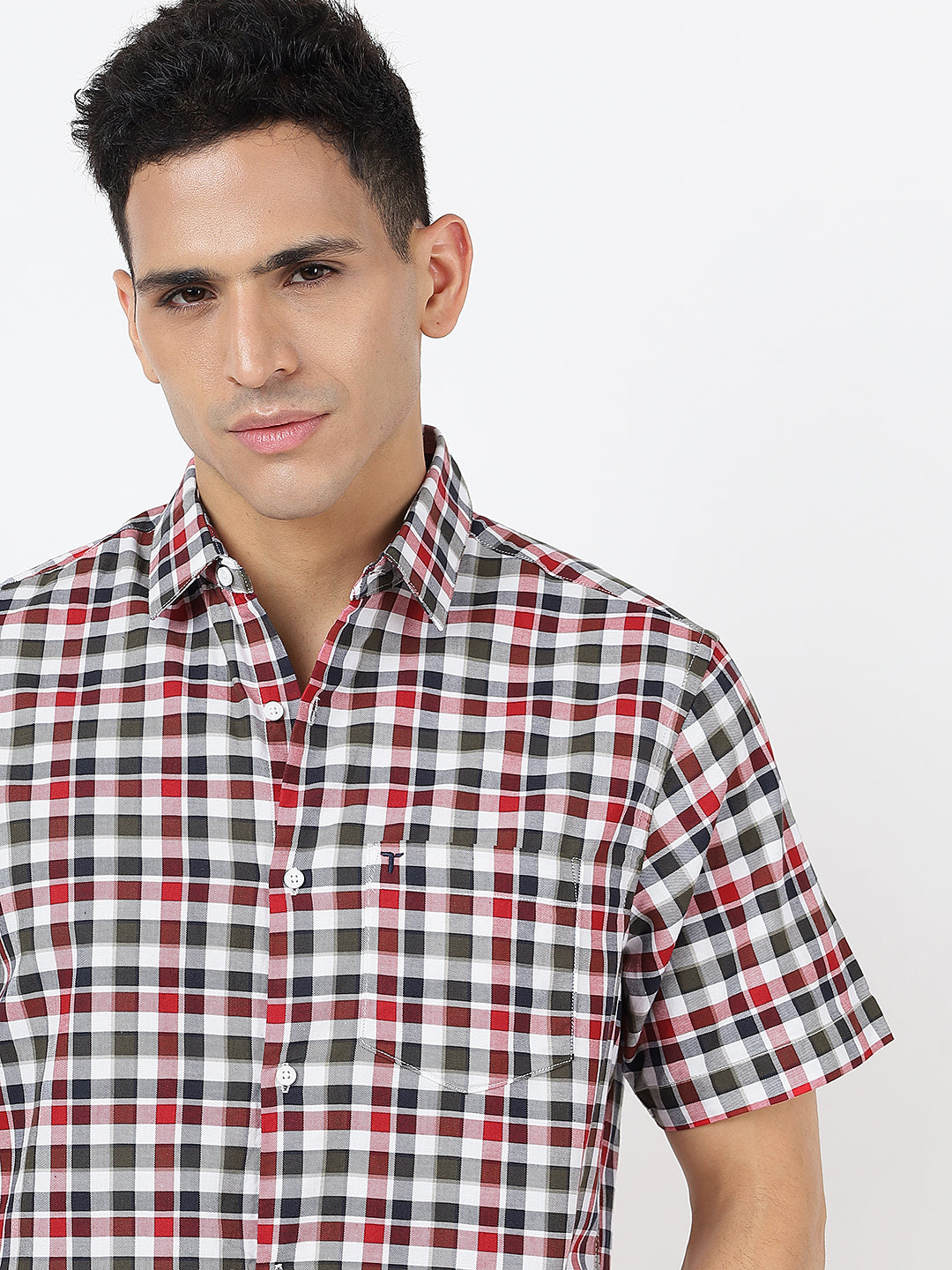 Check Short Sleeves Red White And Black  (100% Cotton)