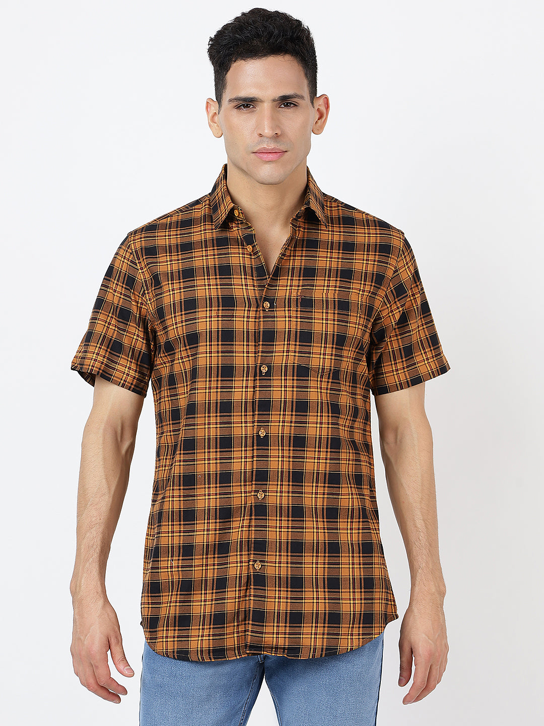 Check Short Sleeves Red Mustard And Black  (100% Cotton)