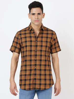 Check Short Sleeves Red Mustard And Black  (100% Cotton)