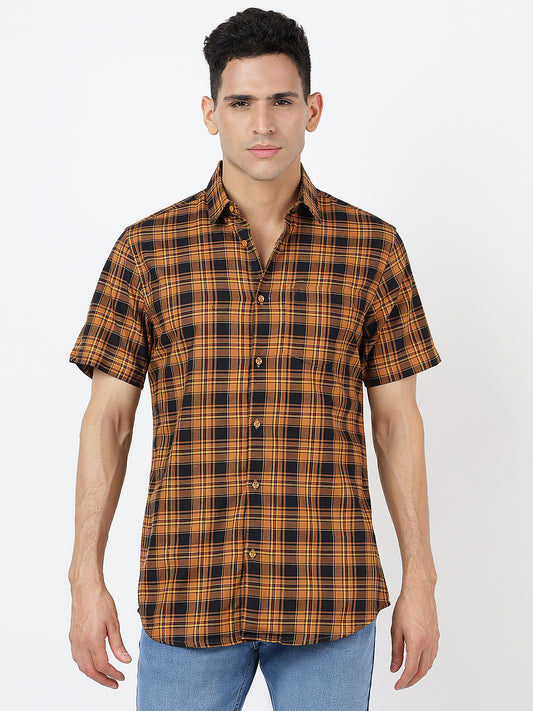 Check Short Sleeves Red Mustard And Black  (100% Cotton)