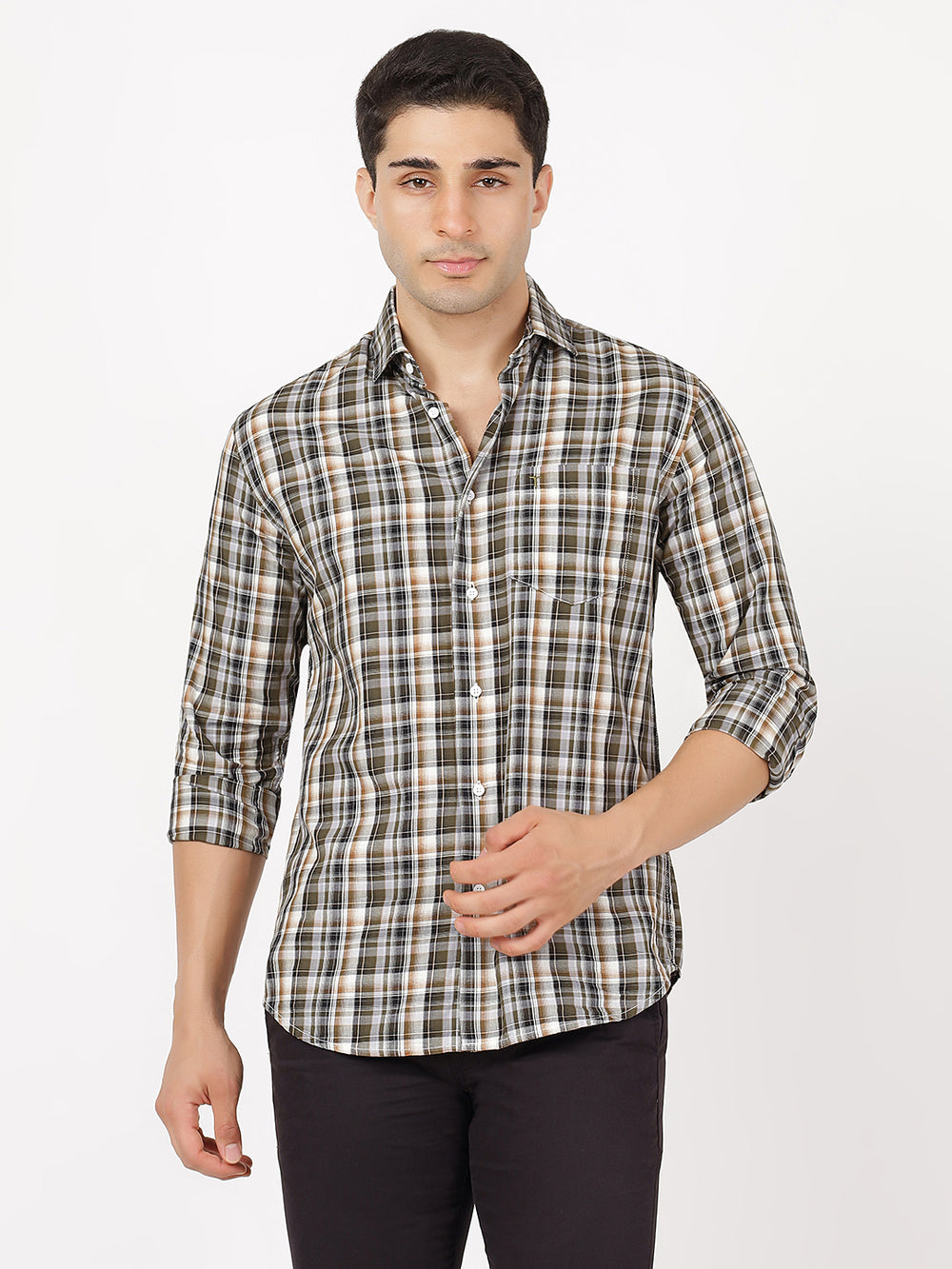 Check Long Sleeves Black, Green, Brown & White Check (100% Cotton)