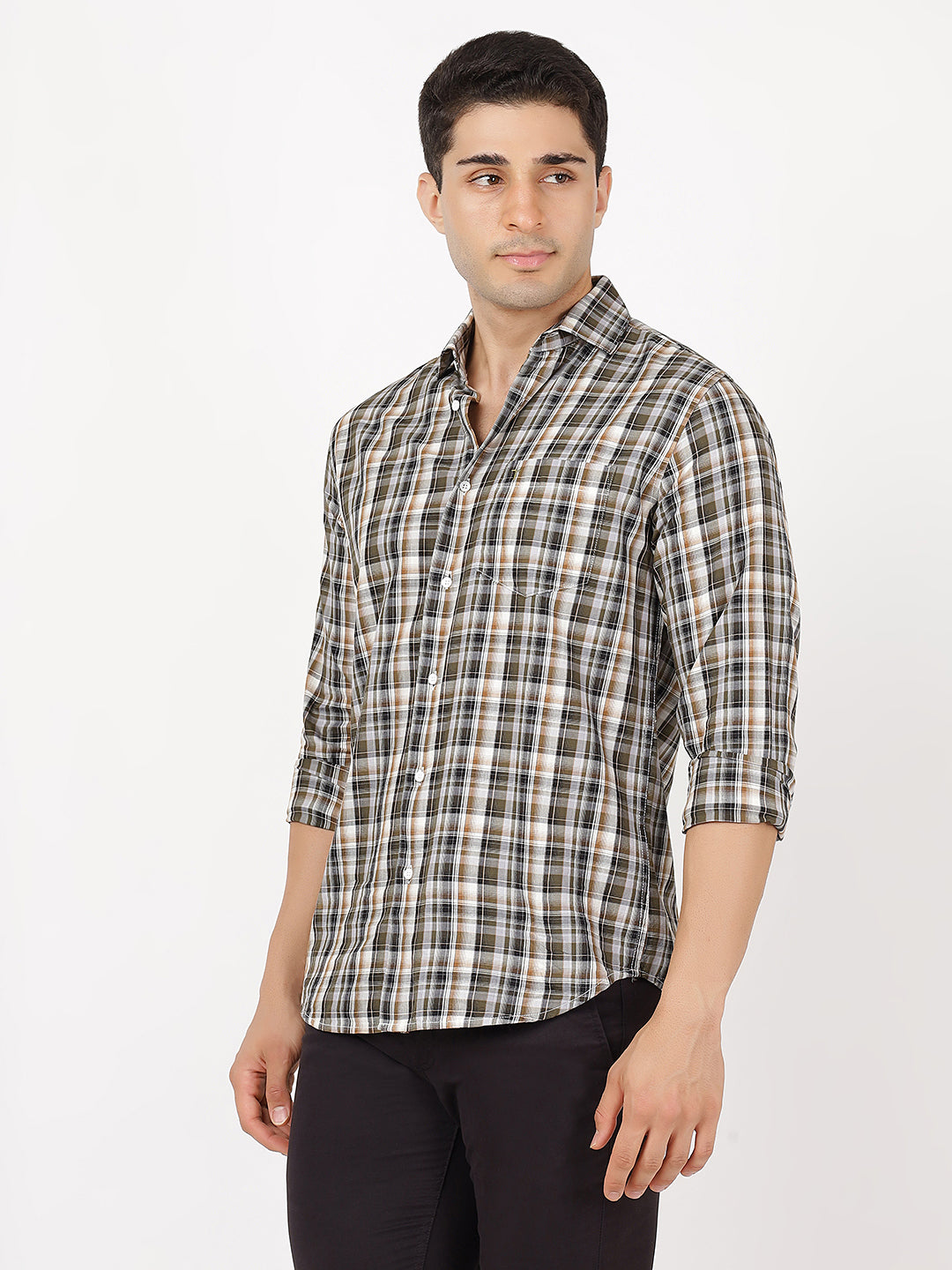 Check Long Sleeves Black, Green, Brown & White Check (100% Cotton)