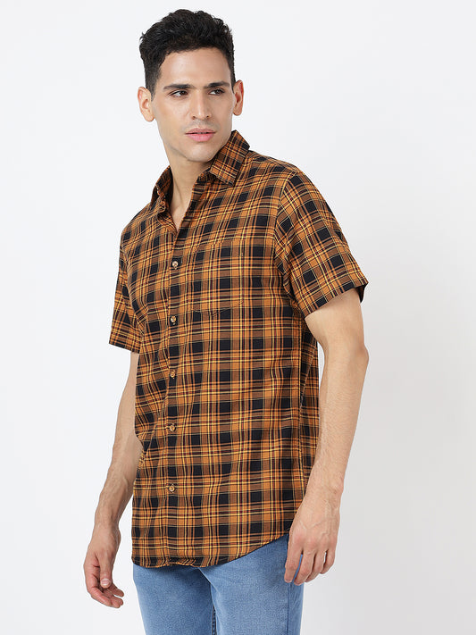 Check Short Sleeves Red Mustard And Black  (100% Cotton)