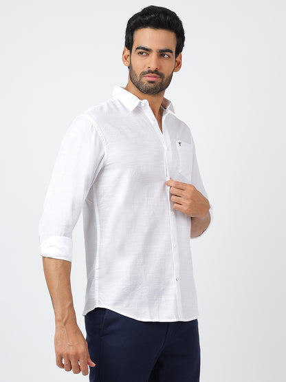 Solid Long Sleeves White Slub Twill (100% Cotton)