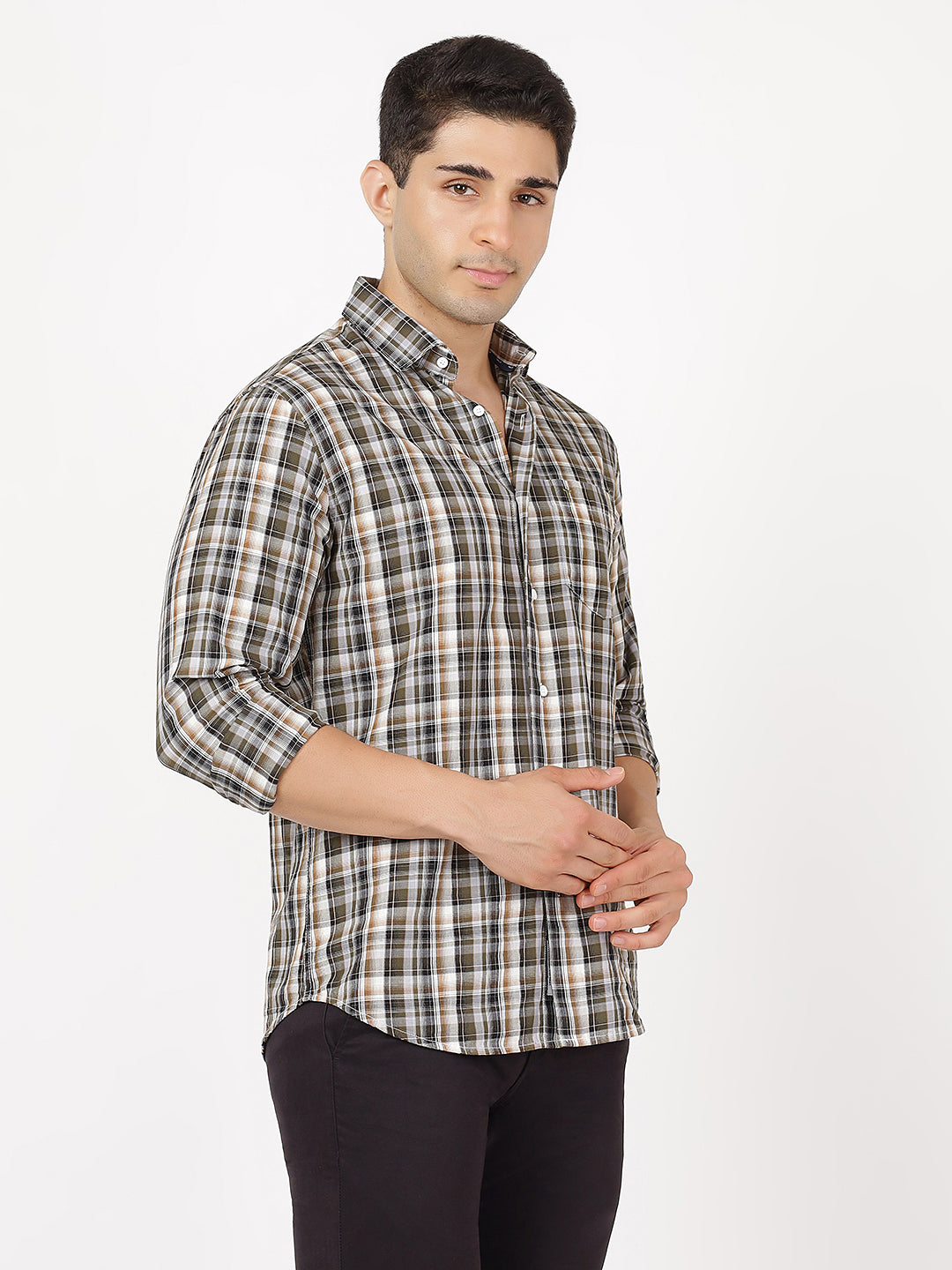 Check Long Sleeves Black, Green, Brown & White Check (100% Cotton)