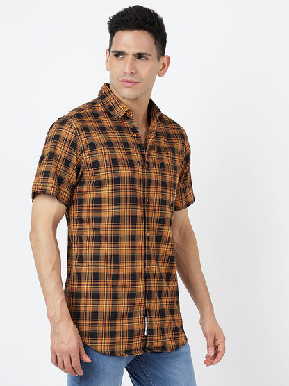 Check Short Sleeves Red Mustard And Black  (100% Cotton)
