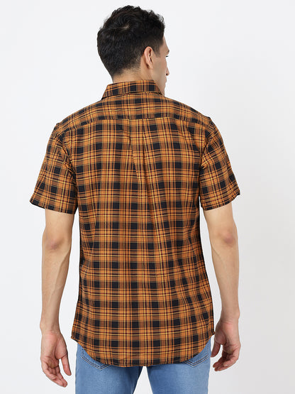 Check Short Sleeves Red Mustard And Black  (100% Cotton)
