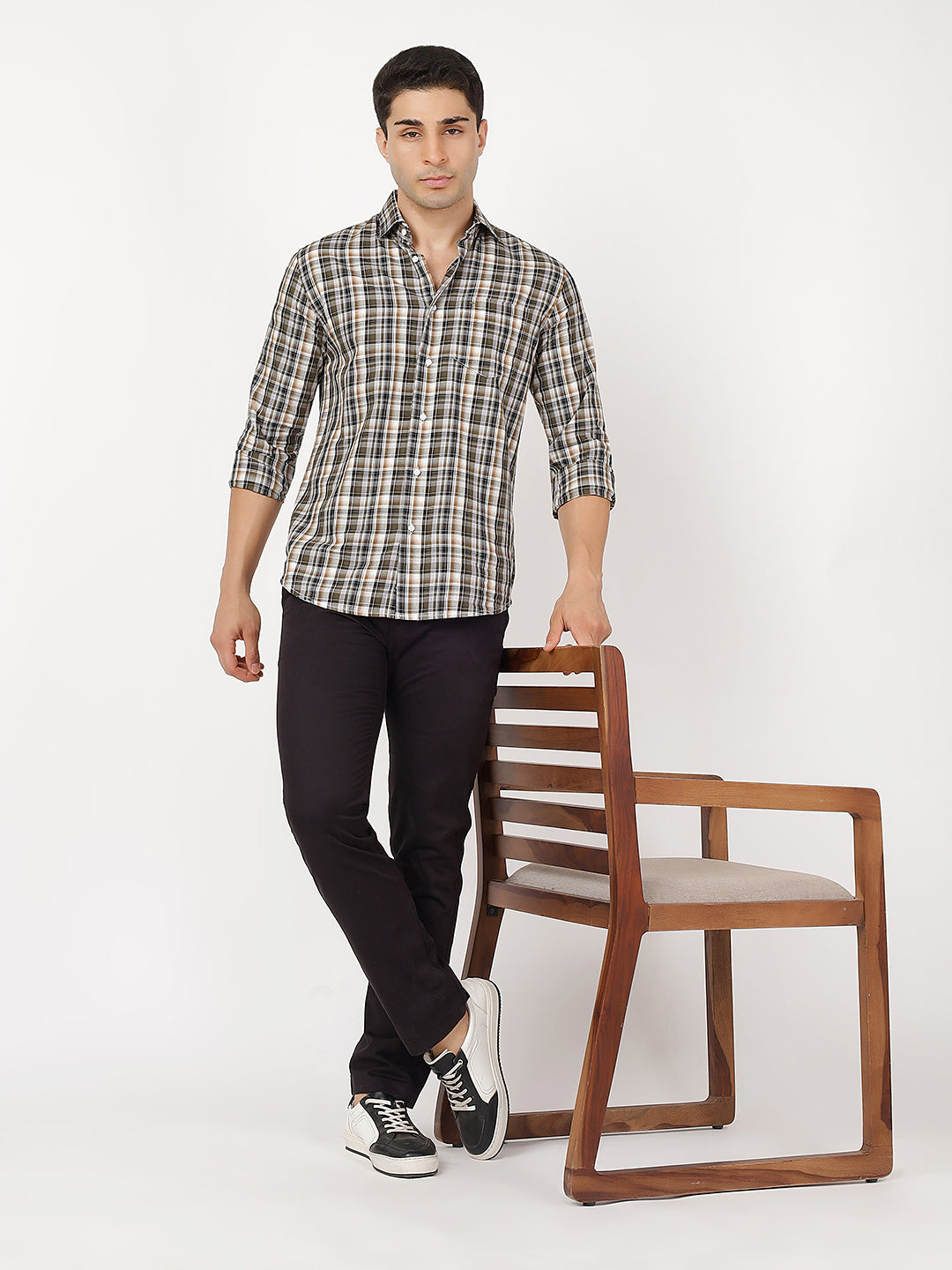 Check Long Sleeves Black, Green, Brown & White Check (100% Cotton)