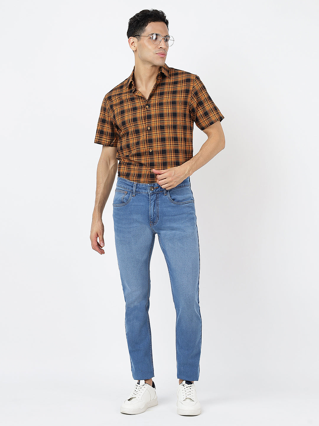 Check Short Sleeves Red Mustard And Black  (100% Cotton)