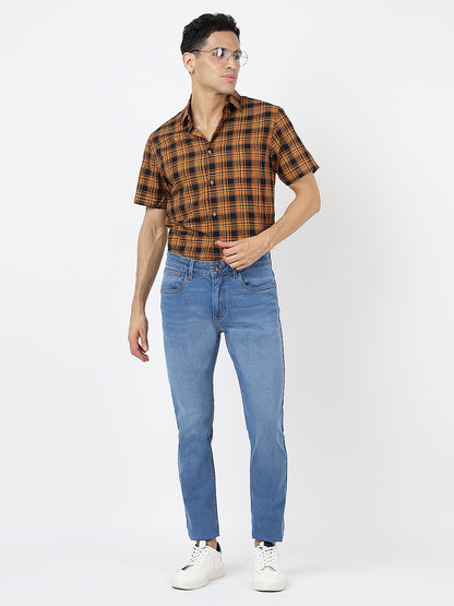 Check Short Sleeves Red Mustard And Black  (100% Cotton)