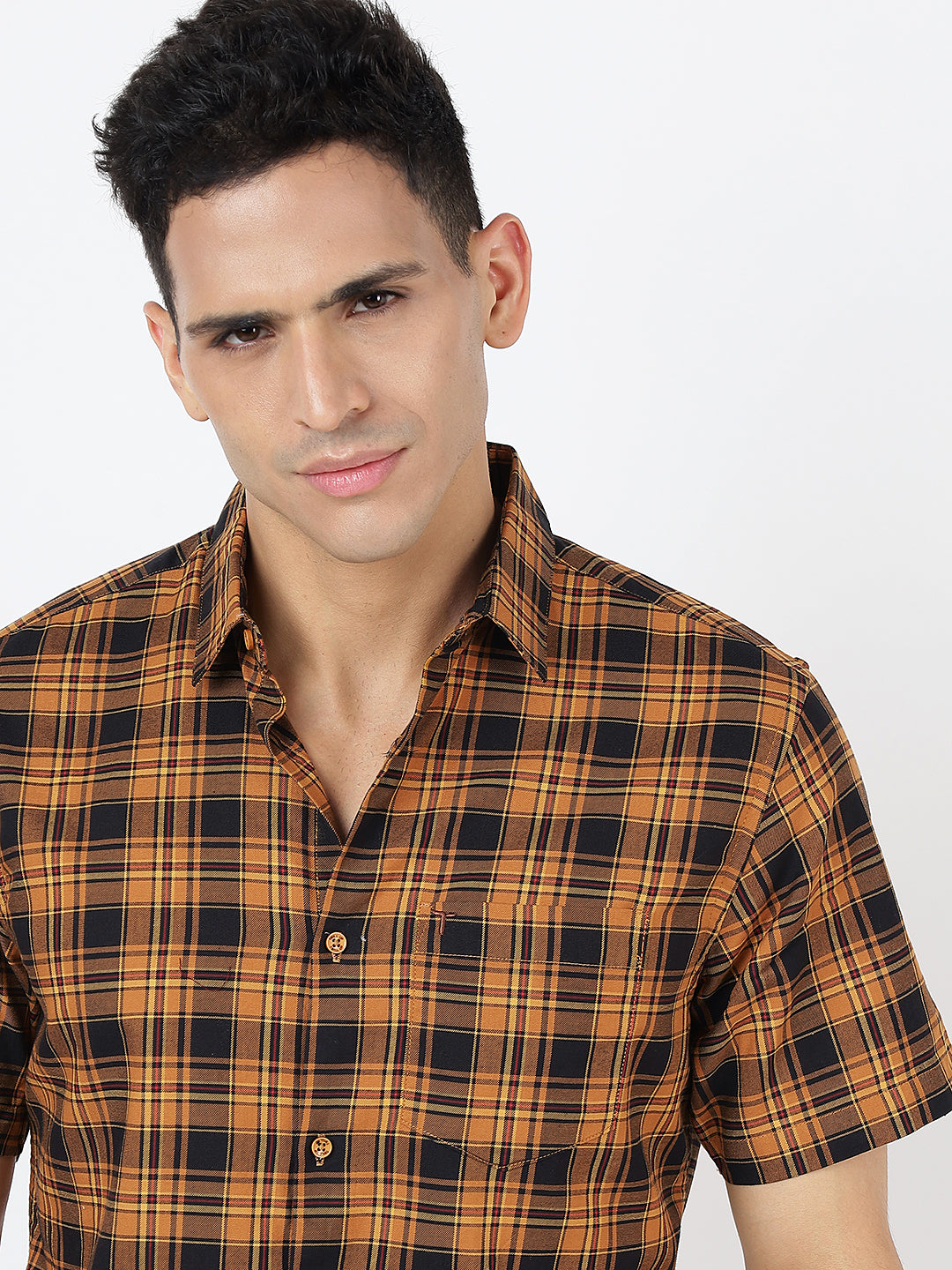 Check Short Sleeves Red Mustard And Black  (100% Cotton)