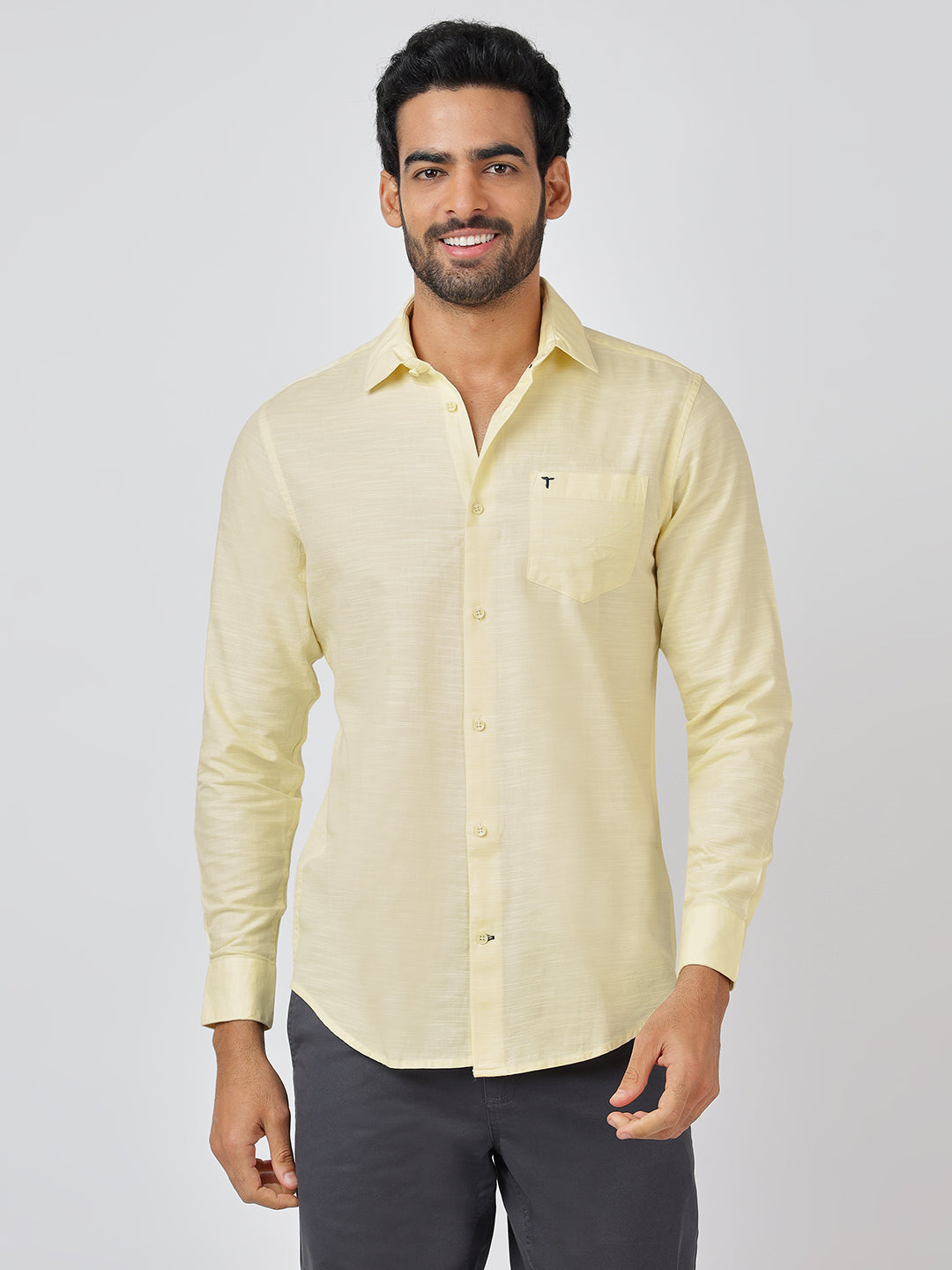 Solid Long Sleeves Yellow Slub Twill (100% Cotton)