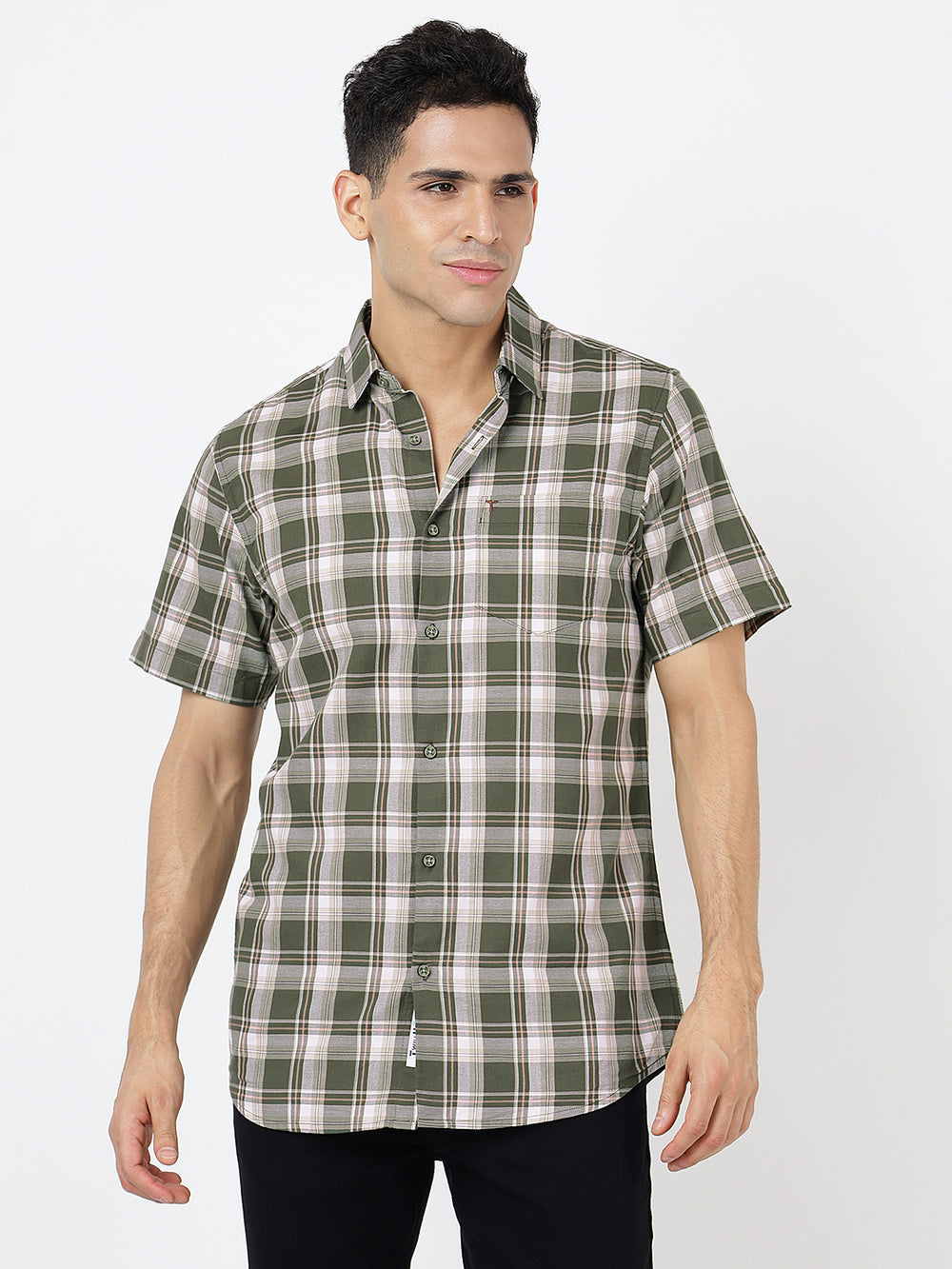 Check Short Sleeves Olive Green, Beige and white (100% Cotton)