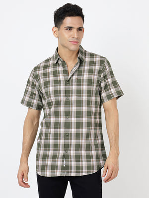Check Short Sleeves Olive Green, Beige and white (100% Cotton)