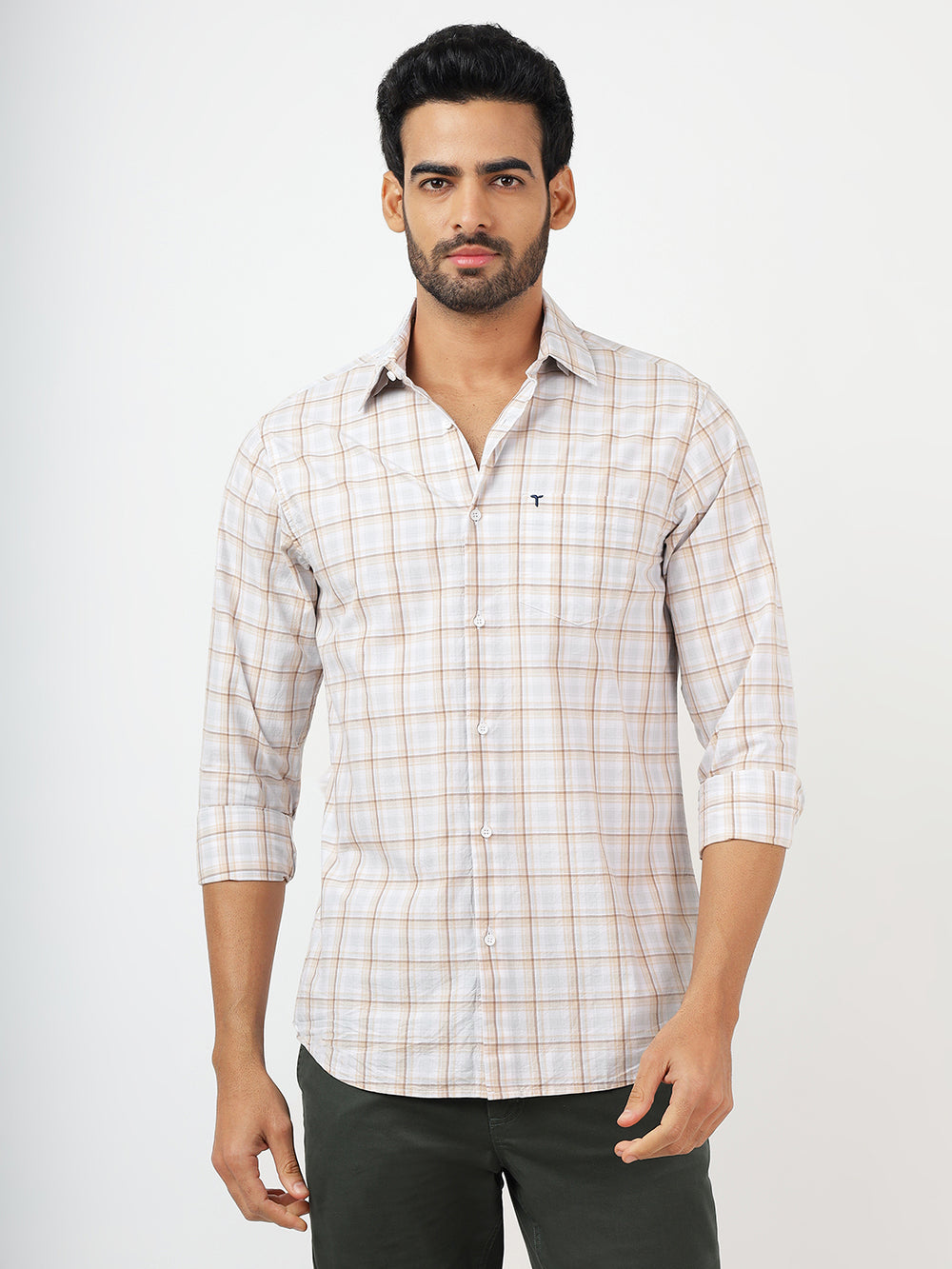 Check Long Sleeves White & Brown Classic (100% Cotton)