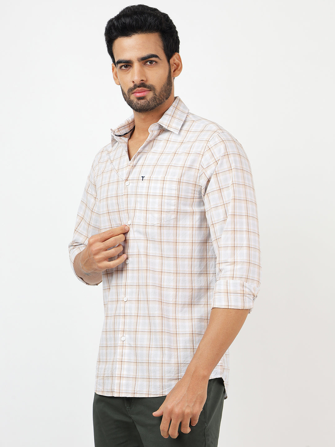 Check Long Sleeves White & Brown Classic (100% Cotton)