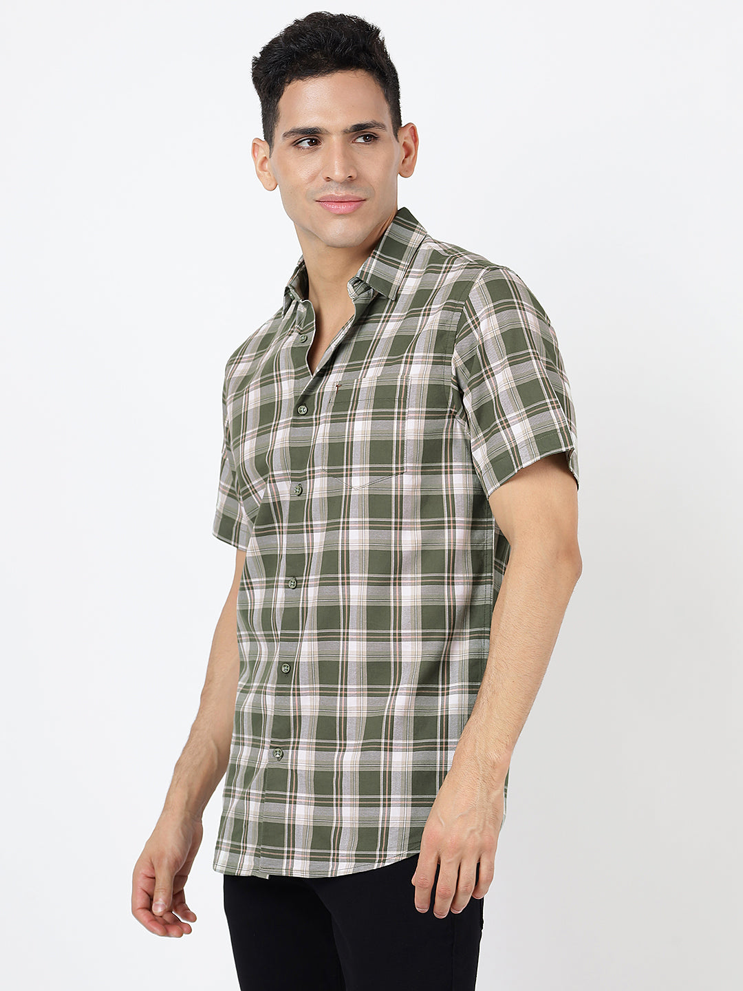 Check Short Sleeves Olive Green, Beige and white (100% Cotton)