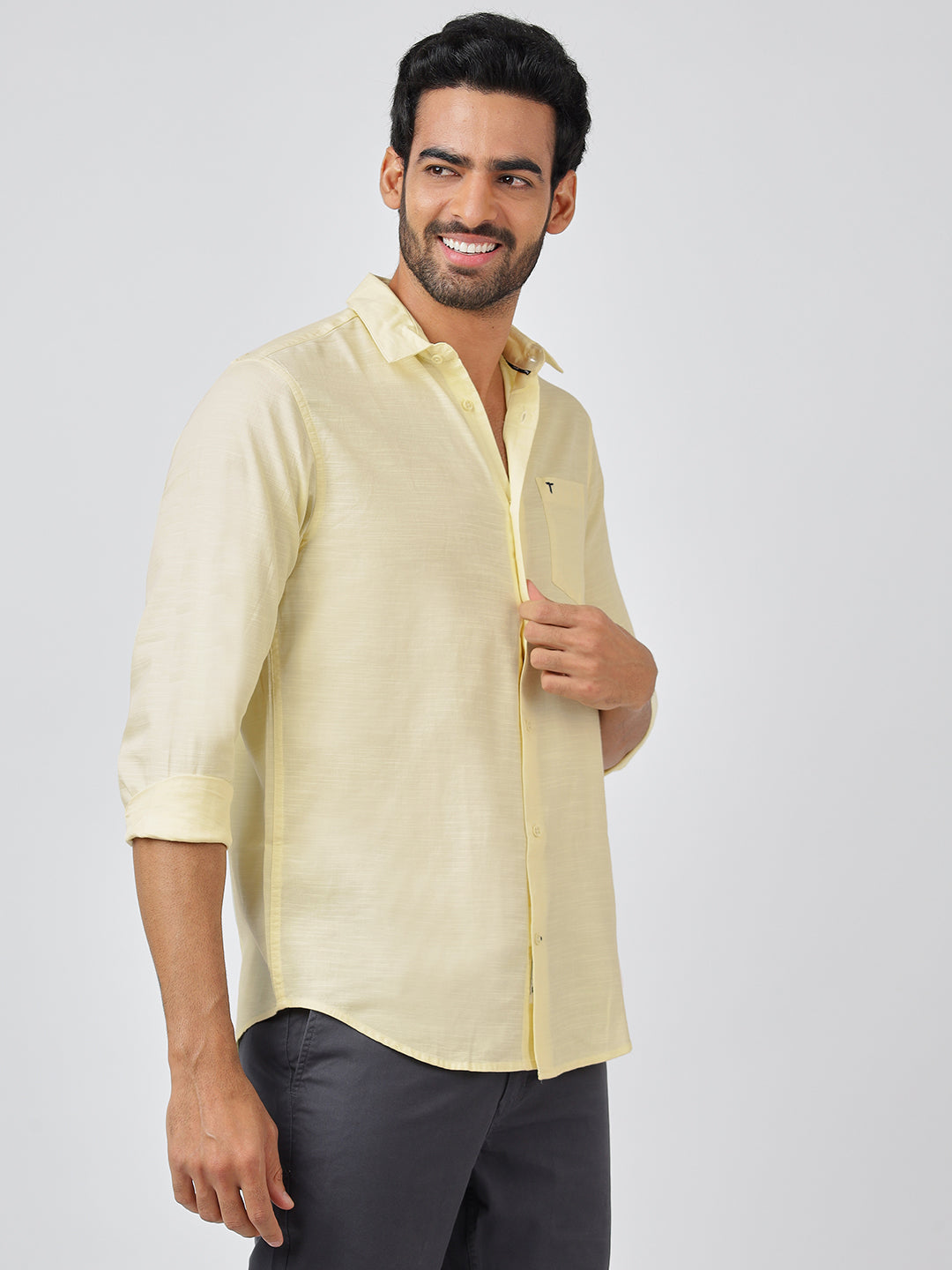 Solid Long Sleeves Yellow Slub Twill (100% Cotton)
