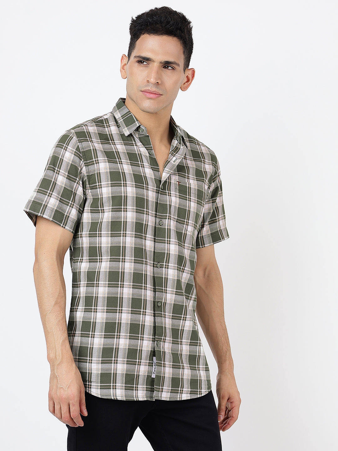 Check Short Sleeves Olive Green, Beige and white (100% Cotton)